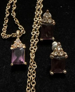 Square Cut Purple Wine Glass Rhinestone Goldtone Necklace & Earring Set (Lot#376 - Picture 1 of 6