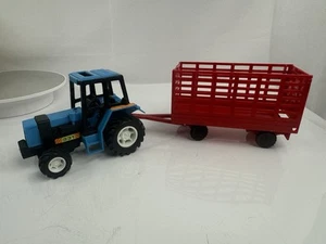 New-Ray Blue 331 Tractor Red Hay Wagon Trailer Toy Collectible - Picture 1 of 11