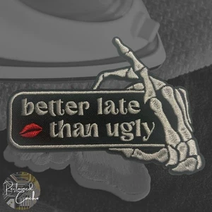 Better Late Than Ugly Iron On Patch White Black Red Lips Skeleton Hand Applique - Picture 1 of 3