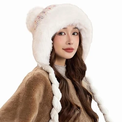  Women Winter Sherpa Beanie Hats Knit Ear Flaps Peruvian Cover White With Pom - Image 1 of 4
