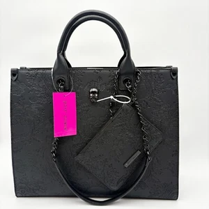 BETSEY JOHNSON Tote HALLOWEEN Purse Skull Embossed Black Satchel Handbag - Picture 1 of 16