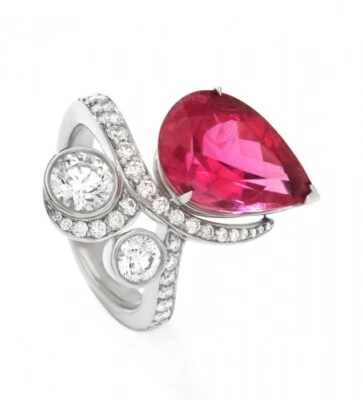 Hot Pink Pear Shape 8.36CT Tourmaline With Shiny White CZ Magnificent Women Ring - Image 1 of 2