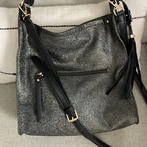 SONDRA ROBERTS Squared Crossbody Shoulder Bag Purse Gunmetal Crackle VEGAN EUC - Picture 1 of 23