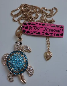 Betsey Johnson Turtle Pendant Necklace Gold-Tone Clear & Blue Crystals - Picture 1 of 1