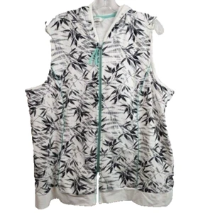 CJ Banks Womens Sleeveless Hoodie Plus Size 1X Black White Leaf Print Full Zip - Picture 1 of 7