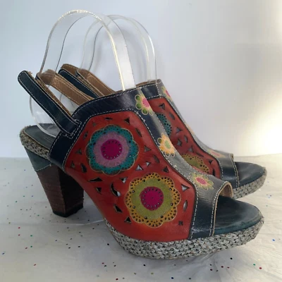 Spring Step Belen Navy Blue Multicolor Floral Clog Sandal Slingback 38 Patchwork - Image 1 of 4