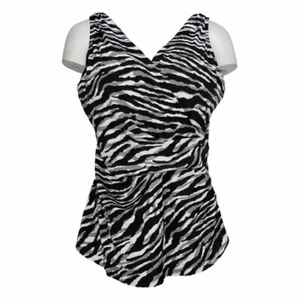 Denim &amp; Co. Plus Sz Swimsuit 12 Beach Printed Surplice Swim Dress Black - Picture 1 of 4
