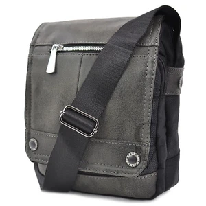 New Vintage Leather Nylon Gray Waterproof Fabric Mens Shoulder Bag - Picture 1 of 12