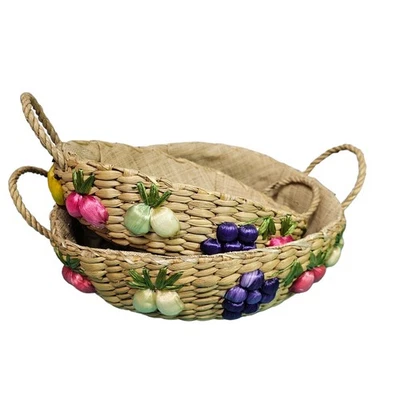 Par de cestas forradas de rafia vintage porta platos frutas verduras años 70 Foto 1 de 4