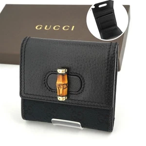 Gucci Bi-fold Wallet Bamboo Leather Black Turn lock tri-fold appraised - Picture 1 of 8