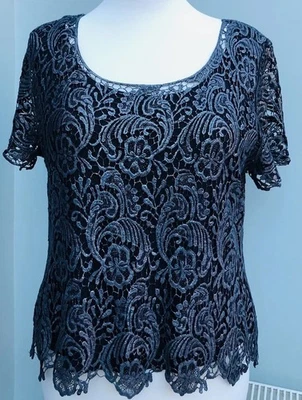 Ladies Roman Black Silver Top Size 16-18 44” Bust Lined Short Sleeve Evening Top - Image 1 of 4