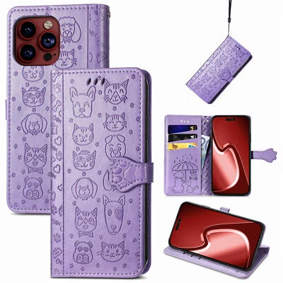 For Various Phone Cat Dog Leather Card Wallet Case Flip Stand Cute Cartoon Cover - Image 1 of 4