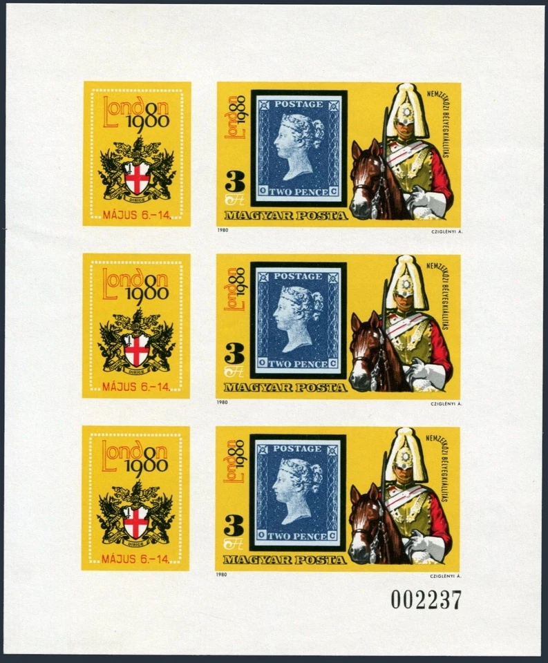 Hungría 2648 hoja imperf, MNH. Michel 3429B klb. LONDRES-1980. Dos peniques azul. Foto 1 de 1