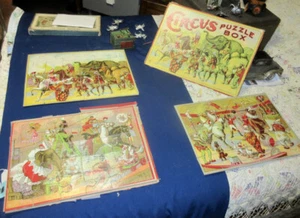 1915 Milton Bradley ~CIRCUS PUZZLE BOX~ 3 Separate Puzzles Three Rings 12" x 18" - Picture 1 of 15