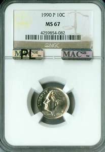 1990 P ROOSEVELT DIME NGC MS67 MAC PL PQ FINEST REGISTRY RARE * - Picture 1 of 4