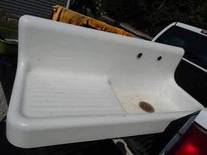 Antique Vtg High Back Farmhouse Cast Iron Porcelain Kitchen Sink 53" Standard - Picture 1 of 15