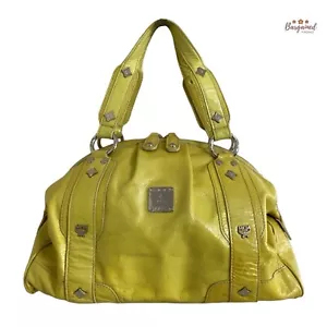 Authentic MCM Yellow Distressed Patent Leather Silver Studded Logo Motifs Bag - Picture 1 of 15