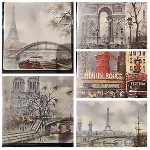 VTG 5 Coaster Set of French Landmark Scenes Eiffel Tower Moulan Rouge Bar - Picture 1 of 7
