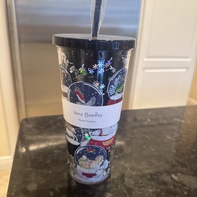 Vera Bradley Double Wall Tumbler With Straw 24 Oz Snow Globes Snowflake Glitter - Image 1 of 4