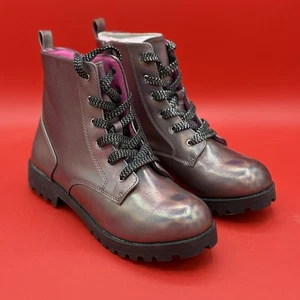 Brash Woman's Iridescent Purple Lace/Side Zipper Lug Sole Ankle Boots Size 5 - Picture 1 of 7