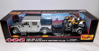 Maisto 1:18 Die Cast Truck Trailer 2 Motorcycles Hummer KTM 520SX Suzuki RM250 - Image 1 of 4