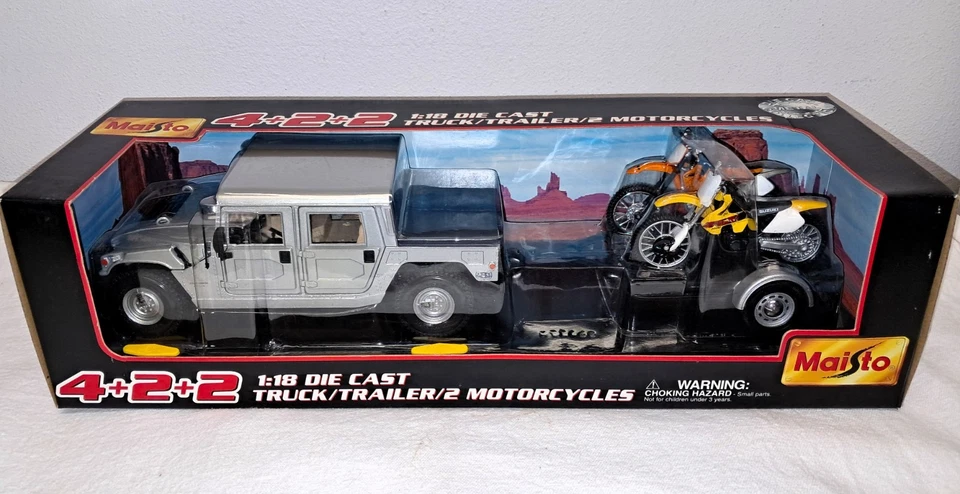 Maisto 1:18 Die Cast Truck Trailer 2 Motorcycles Hummer KTM 520SX Suzuki RM250 - Image 1 of 4