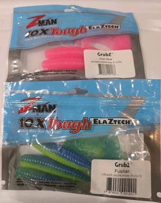 (LOTE DE 2) Z-MAN GRUBZ 9" PLÁSTICO SUAVE ROSA BRILLO Y FUSILERO AGUA SALADA COLA RIZADA Foto 1 de 4