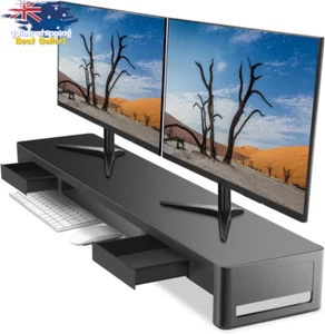 Dual Monitor Stand with 2 Drawers Metal Computer Shelf Keyboard Mouse Storage - Picture 1 of 12