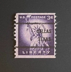 Dallas, Texas Type 61 Precancel - 3 cents Statue of Liberty coil U.S. #1057 - TX - Picture 1 of 1