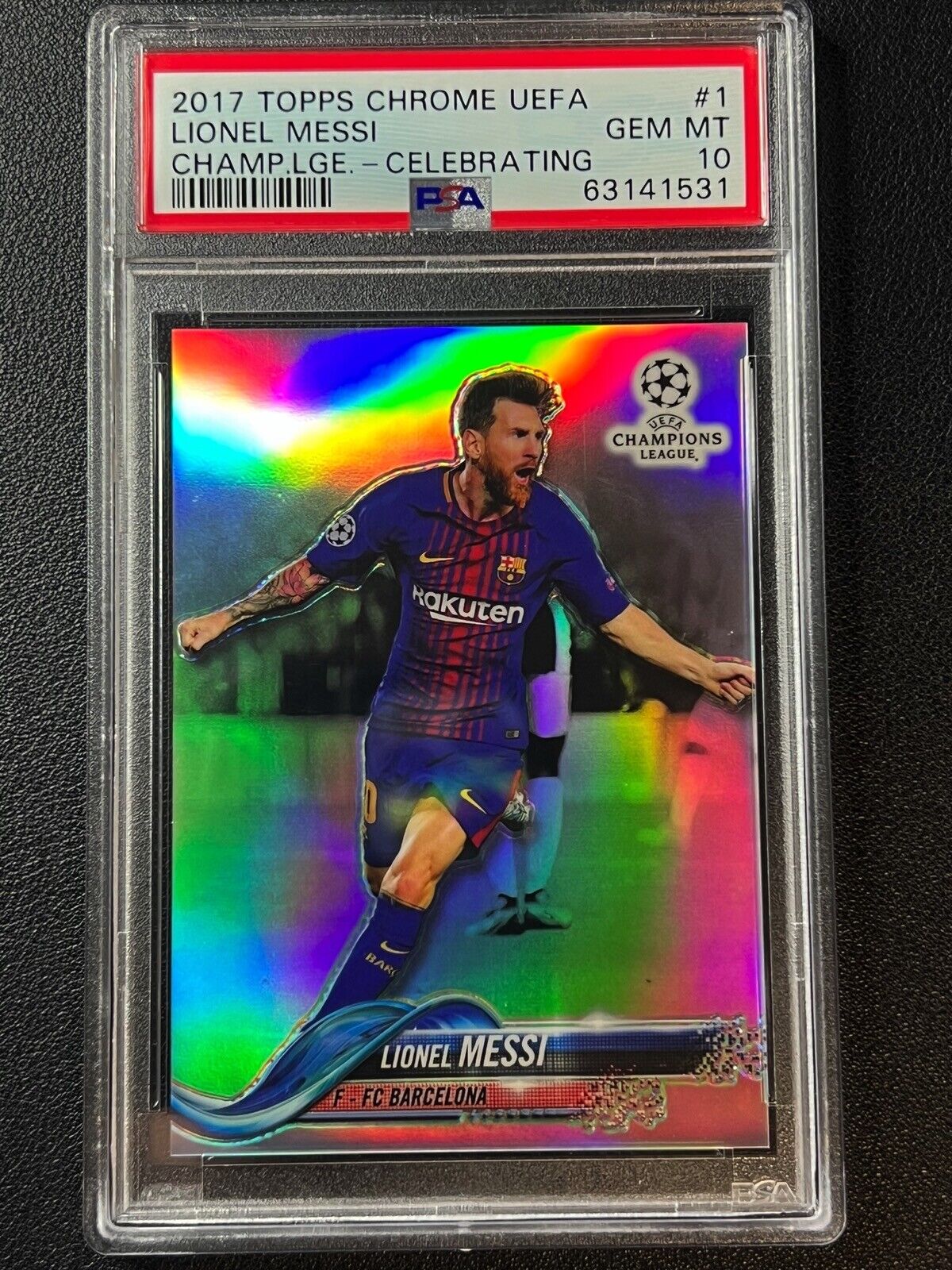 LIONEL MESSI PSA 10 2017 TOPPS CHROME UEFA #1 CELEBRATING VARIATION REFRACTOR SP