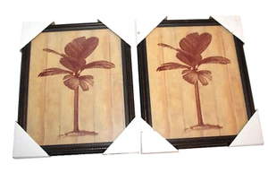 Juego de 2 palmeras tropicales marco de vidrio de madera marrón decoración de habitación de pared - Imagen 1 de 4
