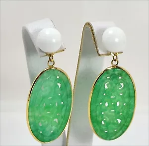 ORECCHINI IN ORO GIALLO 18 KT CON GIADA VERDE E AGATA BIANCA PENDENTI OGHT 0529 - Foto 1 di 3