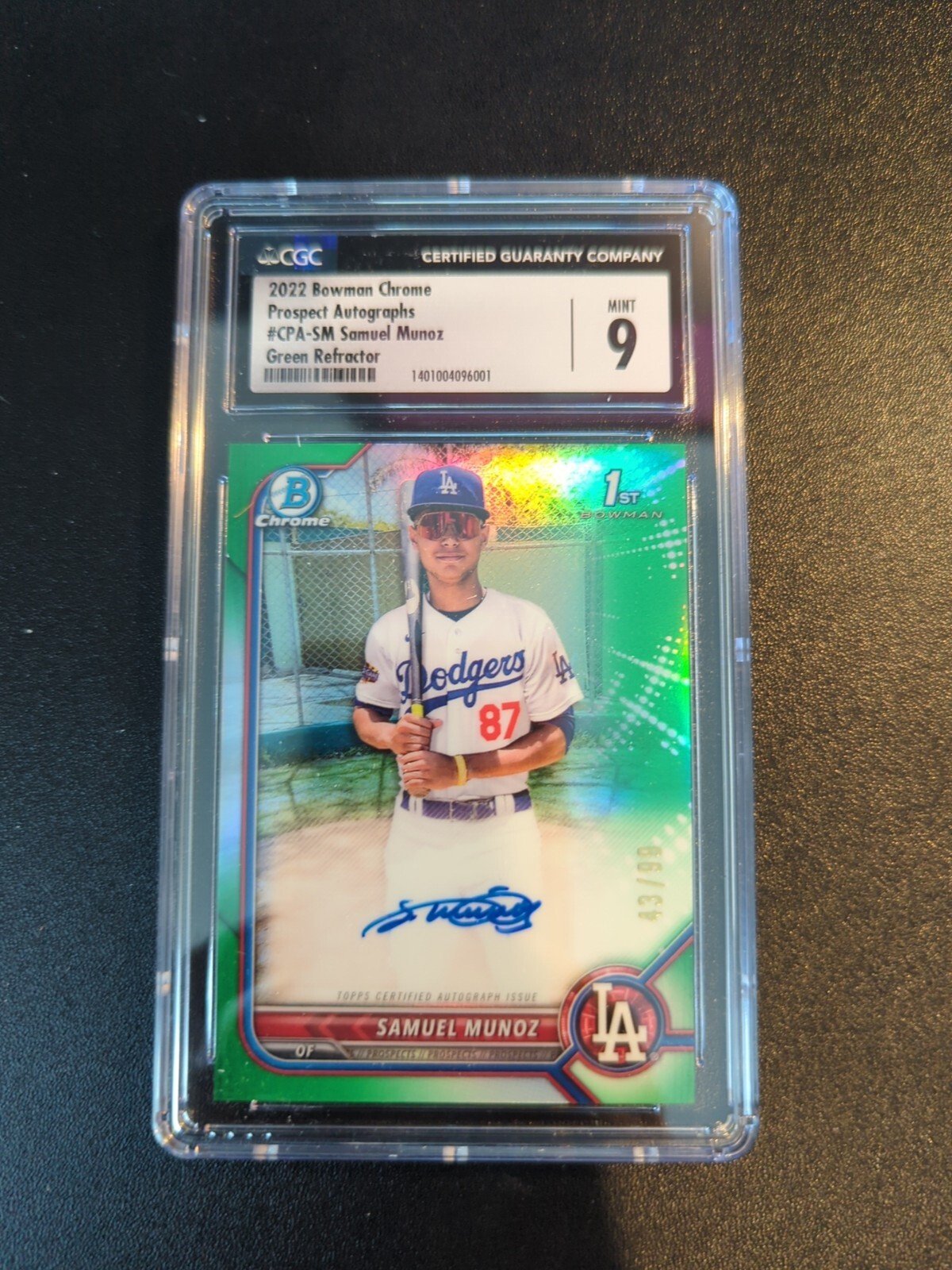 2022 Bowman Chrome Samuel Munoz 1st Green Refractor Auto #/99 Dodgers CGC 9