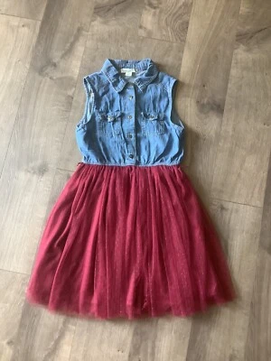 Knit Works Blue Denim Top Maroon Lace Skirt Size 12 Girls Button Down Dress EUC - Image 1 of 4