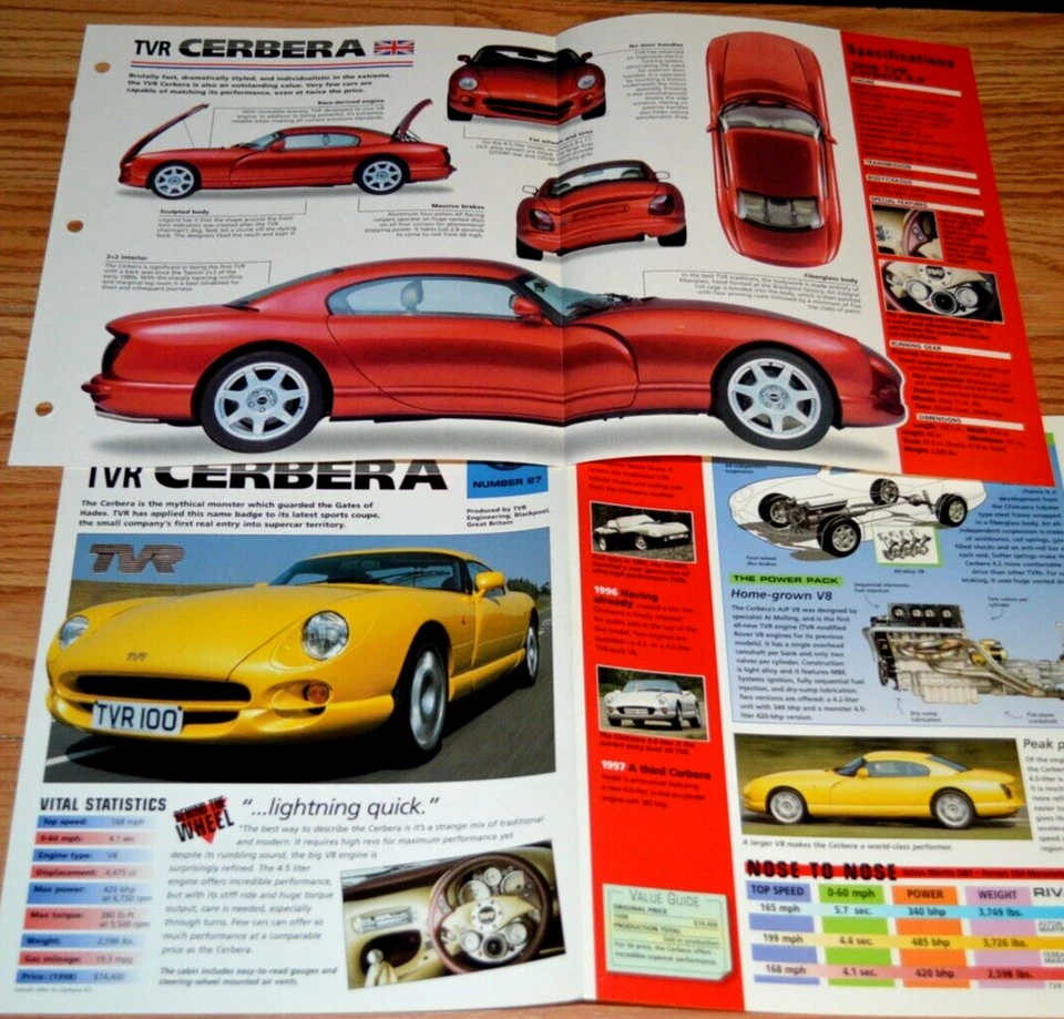 2- 1998 TVR CERBERA SPECS INFO ORIGINAL POSTER BROCHURE VINTAGE 98 4.5 - Image 1 of 1