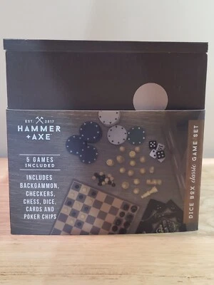 HAMMER +AXE 5-in-1 Wood Board Game Set Checkers Chess Poker Chips Playing Cards - Image 1 of 4