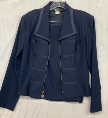 DAWN JOY FASHIONS - 2 PC NAVY SKIRT & JACKET W/FRONT GOLD ZIPPER, SIZE 12 Foto 1 de 4