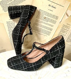 Anthropologie Bibi Lou Edda Heels Black Wool Plaid Black T Strap 40/9- 9.5 NEW - Picture 1 of 10