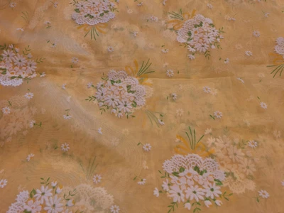 4 YDS VINTAGE YELLOW FLORAL BOUQUETS FLOCKED FABRIC!  SEMI-SHEER & PRETTY! - Image 1 of 4
