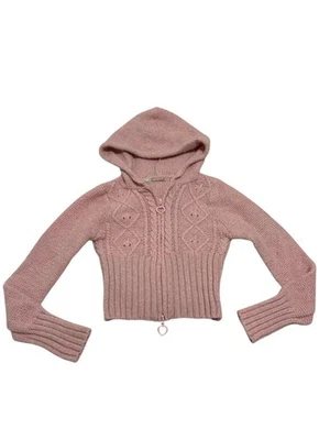 Suéter con capucha tejido de lana rosa años 90 con cremallera Foto 1 de 4