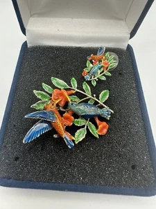 Vintage MJ Brosche Emaille exotische bunte Vögel und ein Ohrring 2,5 Zoll  - Bild 1 von 6