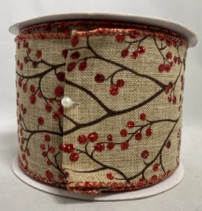 Wellesly Manor rote Beeren auf braunen Zweigen Band Rolle 2 1/2 Zoll x 10 Yards NEU - Bild 1 von 2