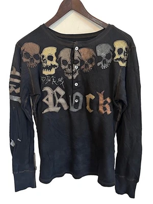 Vtg 1990s THE GREAT CHINA WALL Black Rock Skull Leather Appliques HENLEY Sz-M - Image 1 of 4