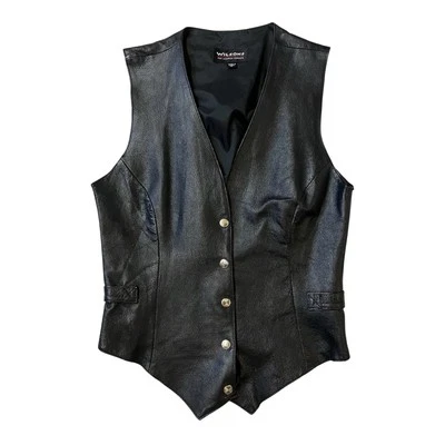 Chaleco a presión de cuero negro Wilson de colección para mujer talla S ajustado forrado para motociclista Foto 1 de 4