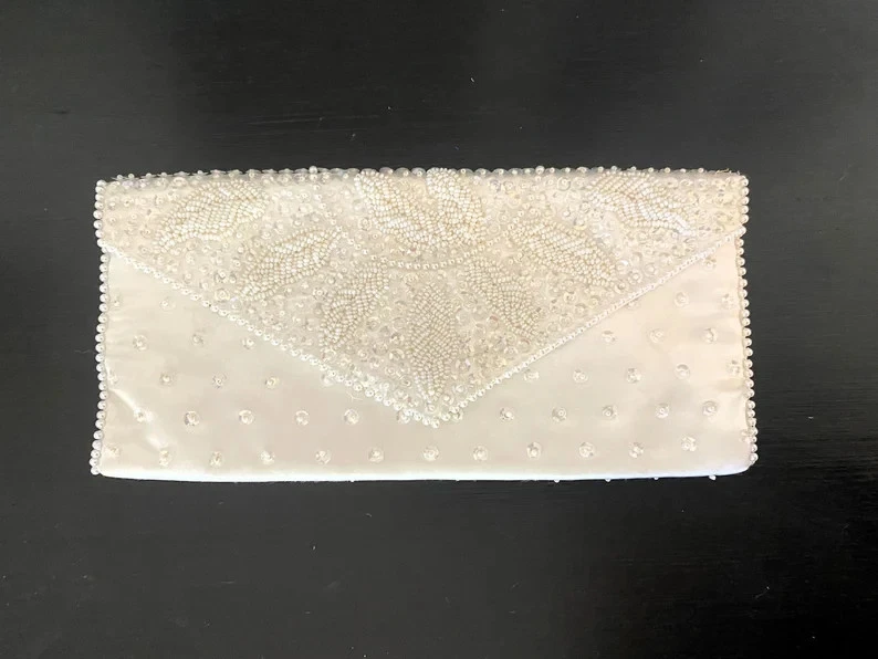 1940's Bon Soir White Beaded Envelope Clutch Evening Bag with Italian Beads - Image 1 of 4