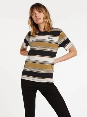 VOLCOM WOMENS Chromatic Crew Short Sleeve Striped Boy Tee S 4 6 Black Gold $35 - Image 1 of 4