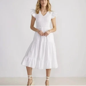 Vineyard Vines weißes gesmoktes Midi Stufenkleid 100% Baumwolle Rüschenärmel Gr. XXL - Bild 1 von 8