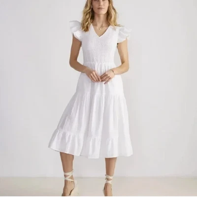 Vineyard Vines White Smocked Midi Tiered Dress 100% Cotton Ruffle Sleeve Sz XXL - Image 1 of 4