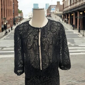 R&M Richards Black Rose Lace Cardigan Sheer 14 Elegant Evening Dressy Elegant - Picture 1 of 10