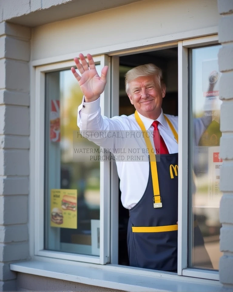 PRESIDENTE DONALD TRUMP SALUDANDO FUERA DE MCDONALDS DRIVE-THROUGH FOTO AI 8x10 Foto 1 de 4